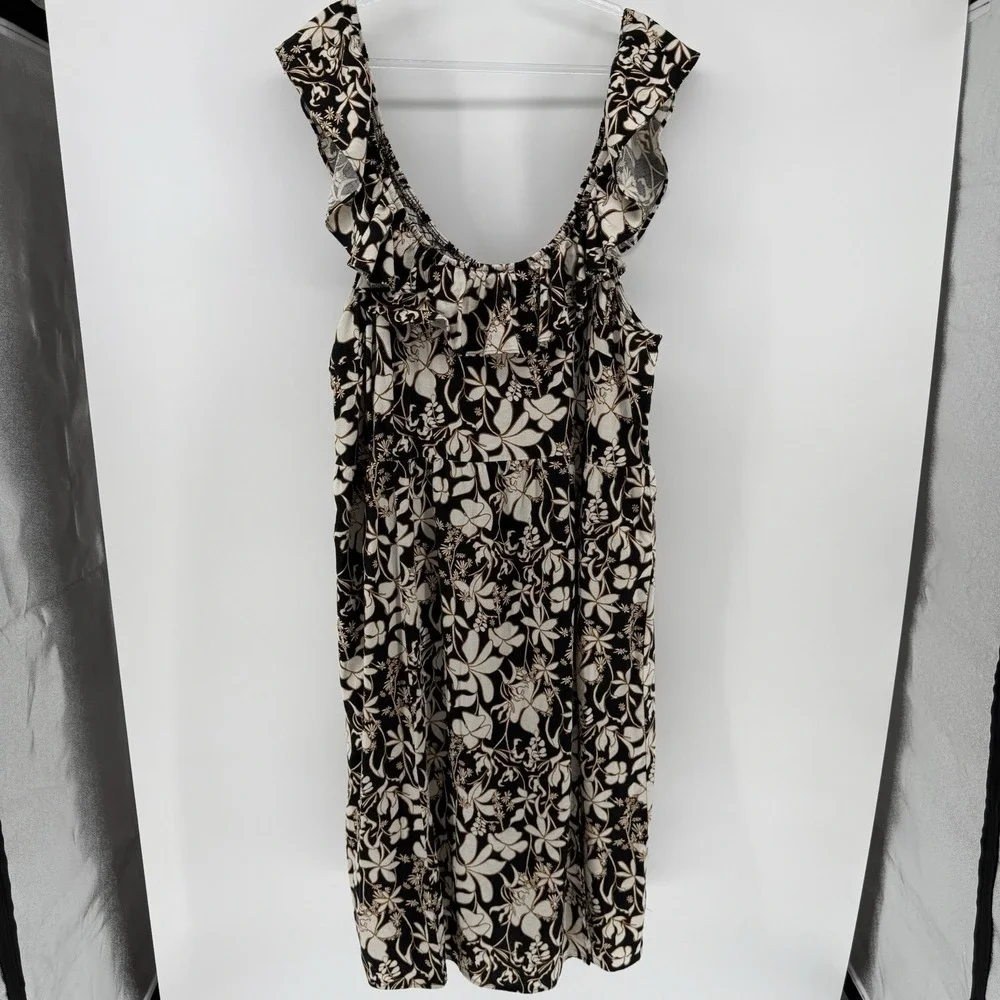 Ava & Viv Black Floral Ruffle Maxi Linen‎ Blend Dress Women 3X Vacation Resort
